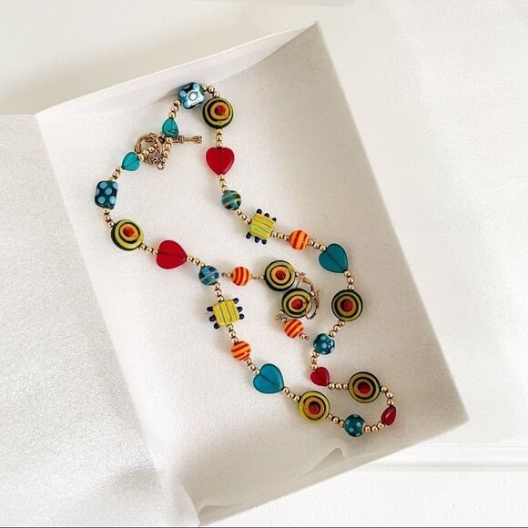 Handmade Art Glass Bead Multicolored 14k Gold Necklace and Earrings Matching Set - Picture 3 of 11